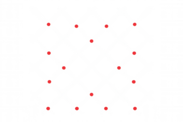 Grid pattern featuring white intersecting lines with vibrant red dots, symbolizing technological connectivity against transparent backdrop