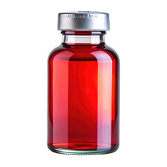 Fototapeta premium A glass vial filled with a vibrant red liquid, capped with a silver lid, showcasing its glossy surface.