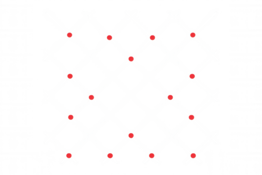 Grid pattern featuring white intersecting lines with vibrant red dots, symbolizing technological connectivity against transparent backdrop