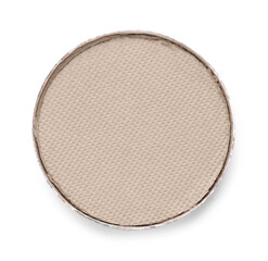 Eye shadow refill pan for palette isolated on white, top view. Beige shade