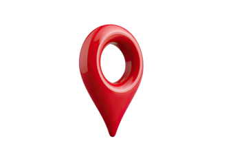 A glossy red location marker on a black background. It has a rounded, slightly stylized point