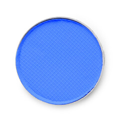 Eye shadow refill pan for palette isolated on white, top view. Blue shade