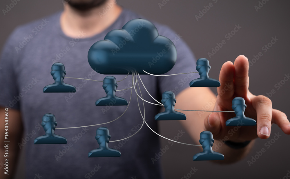 Poster secure cloud technology connecting multiple users. ideal for teamwork & data management.