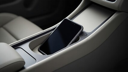 A smartphone resting in the center console of a car with light colored leather interior and dark screen