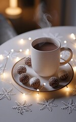 Cozy holiday atmosphere with a cup of steaming hot chocolate surrounded by assorted chocolates on a blurred background with snowflakes and garland.