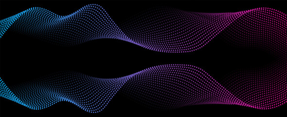 Flowing dots particles wave pattern pink and blue isolated on black, background. Vector in concept of technology, science, music, modern. illustration