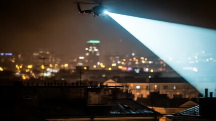 Mysterious Searchlight Beam Sweeping Across Gritty Urban Rooftops on a Dark Night