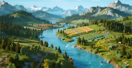 Scenic 3D terrain model showcasing mountains, rivers, forests, and cultivated valleys
