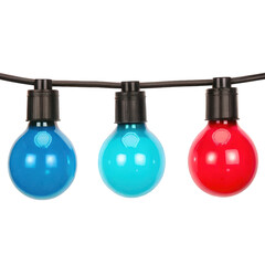 Obraz premium Close up of a string of three colorful light bulbs on a white backdrop on transparent background