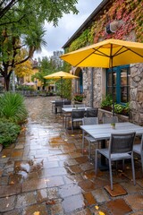 Encanto de una terraza de caf&eacute; en Viena durante el oto&ntilde;o tard&iacute;o con lluvia y hojas ca&iacute;das