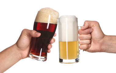 Men clinking their glasses of beer together against white background