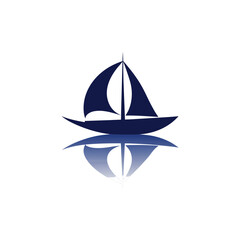 Vector art of simple graphic of a dark blue sailboat with reflection isolated on white background