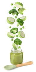 Baby food. Zucchini slices, broccoli and green peas falling into jar of puree on white background