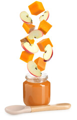 Baby food. Apple and pumpkin slices falling into jar of puree on white background