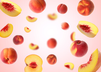Fresh peaches whirling in air against pink gradient background