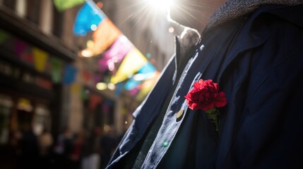 Naklejka premium A red carnation pinned on a navy blue jacket, golden sunlight filtering through festive flags and confetti.