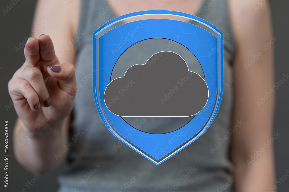 Poster image of a hand interacting with a digital shield protecting a cloud, symbolizing secure cloud data.