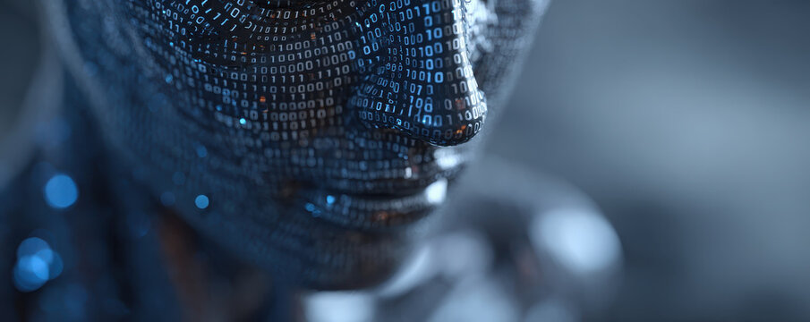 Digital human head with binary code pattern glowing in blue light