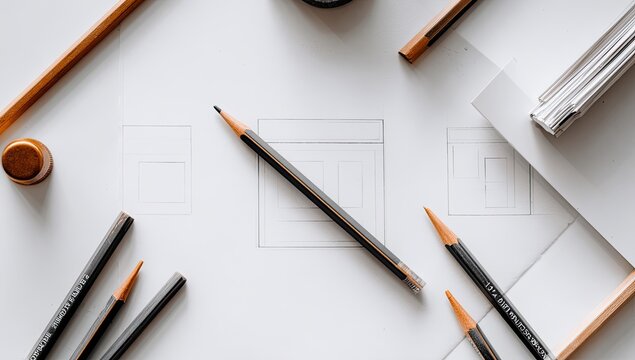 Flatlay of pencils, sketches of website wireframes, and stationery on white background