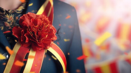 A red carnation pinned on a navy blue jacket, golden sunlight filtering through festive flags and confetti.