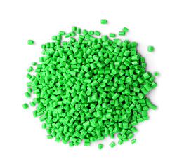 Pile of green plastic granules isolated on white, top view