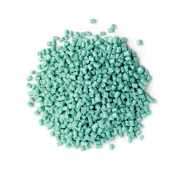 Pile of turquoise plastic granules isolated on white, top view