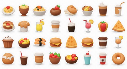 Isometric food icons including pasta, burgers, drinks and desserts