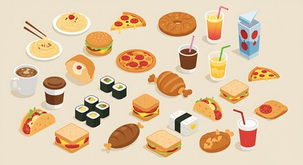 Isometric assortment of various food items and drinks on light background