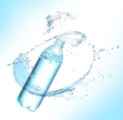 Soda water in bottle and splash against light blue background