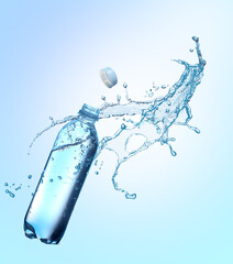 Soda water in bottle and splash against light blue background