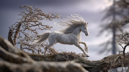 Fototapeta premium A white horse is running through a forest with trees in the background