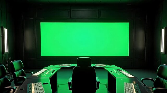 Futuristic command center with green screen ready for immersive presentation or virtual production