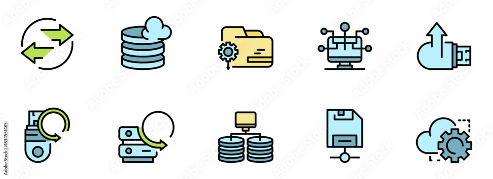 Poster data transfer and cloud storage: modern flat design icons set for network, backup, and synchronizati