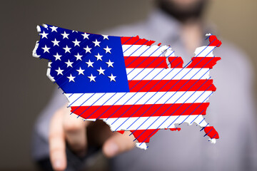 Patriotic image of the United States map, designed with the American flag.