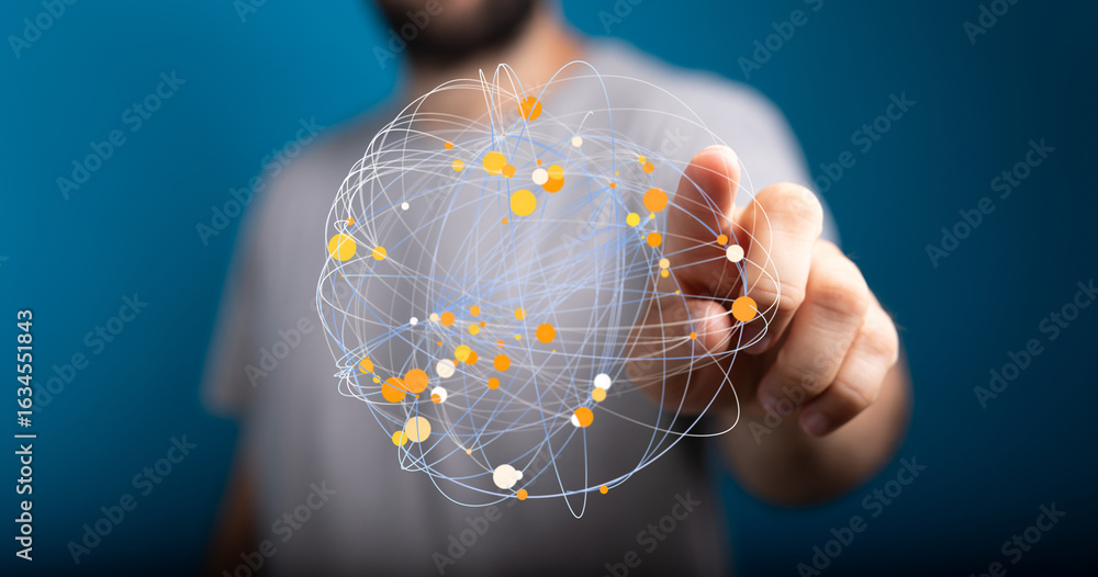 Poster stock photo of a person interacting with a digital global network. perfect for technology, connectiv