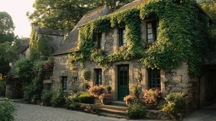 Stone cottages with ivy-covered walls and flower-filled window boxes in the French countryside