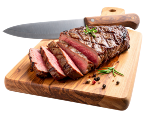 Sliced Medium-Rare Steak on Cutting Board with Knife, Side Angle PNG