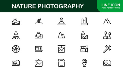 Nature Photography Line Icon Collection – Creative, premium, and clean vector icons illustrating natural landscapes and photography gear elements