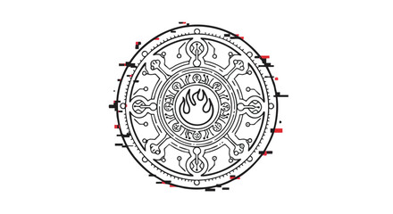 Obraz premium Vector Pattern Circular Design with Mystic Symbols and Flame Motif in Modern Geometric Style