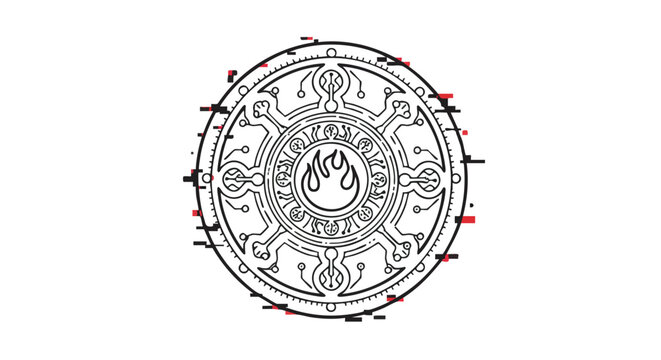 Vector Pattern Circular Design with Mystic Symbols and Flame Motif in Modern Geometric Style