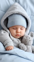 Newborn baby peacefully sleeping in bed with a plush toy rabbit on a light background providing a serene moment of innocence