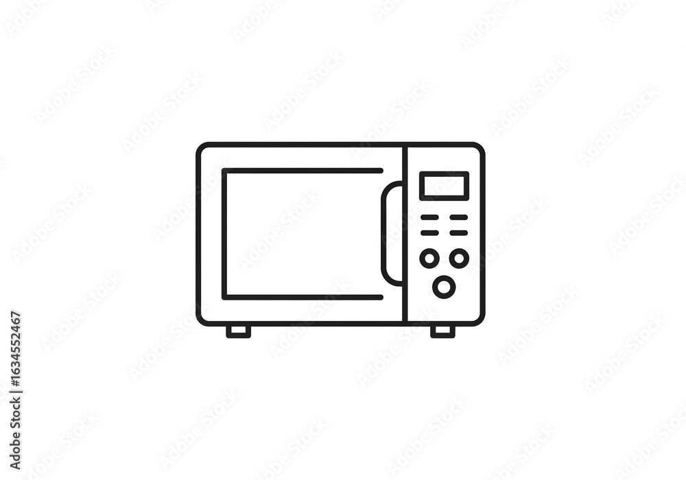Poster a simple line drawing of a microwave oven with a display and buttons on a white background