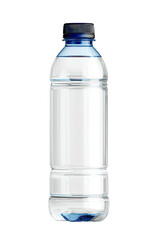 Clear plastic water bottle with a blue cap and label