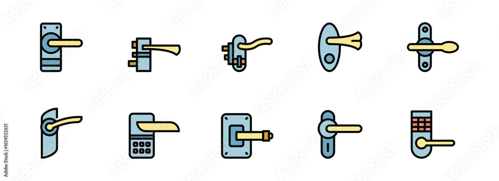Poster collection of modern door handle icons: clean, flat design, pastel color palette, suitable for web a