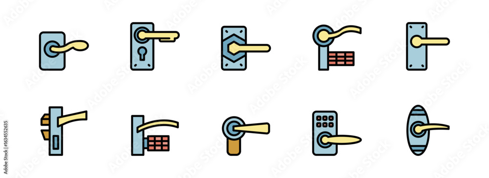 Poster collection of modern door handle icons: stylish, flat design, various styles and keypad options for 