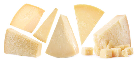 Parmesan cheese pieces isolated on white, set