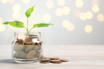 Jar with coins and green sprout on white table against blurred lights. Savings concept