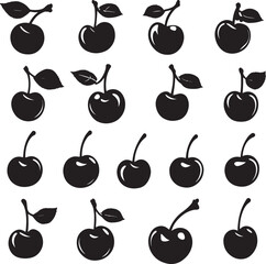 Minimalist black vector illustration featuring various cherry silhouettes