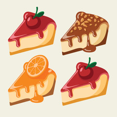 Four slices of delicious cheesecake with various toppings