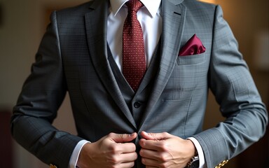 Close Up of a Man in a Grey Speckled Suit Adjusting his Jacket, Wearing a Red and Gold Tie and Burgundy Pocket Square. High quality